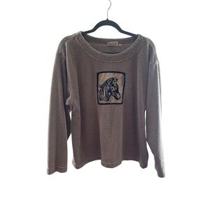 By Taylor Zebra Graphic Textured Knit Pullover Sweater Taupe L/XL